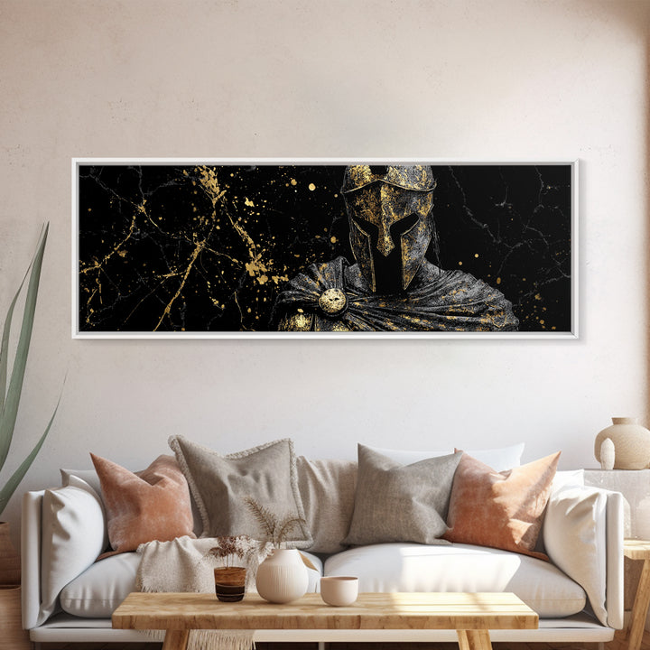 Spartan Warrior Bust Artwork, Ancient Greek Mythological Hero Decorative Symbol, Gold Canvas Print, Real Wood Frame Wall Decor