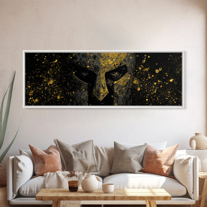 Greek Warrior Face Detail, Spartan Helmet Mythology Decorative Artwork, Gold Canvas Print, Real Wood Frame Ancient Wall Decor