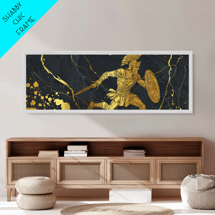 Spartan Warrior With Sword And Shield, Ancient Greek Mythology Wall Decor, Metallic Gold Metal Print, Real Wood Frame