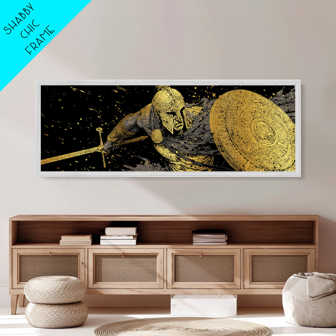 Ornate Spartan Warrior With Shield And Sword, Ancient Battle Scene Artwork, Metallic Gold Metal Print, Real Wood Frame
