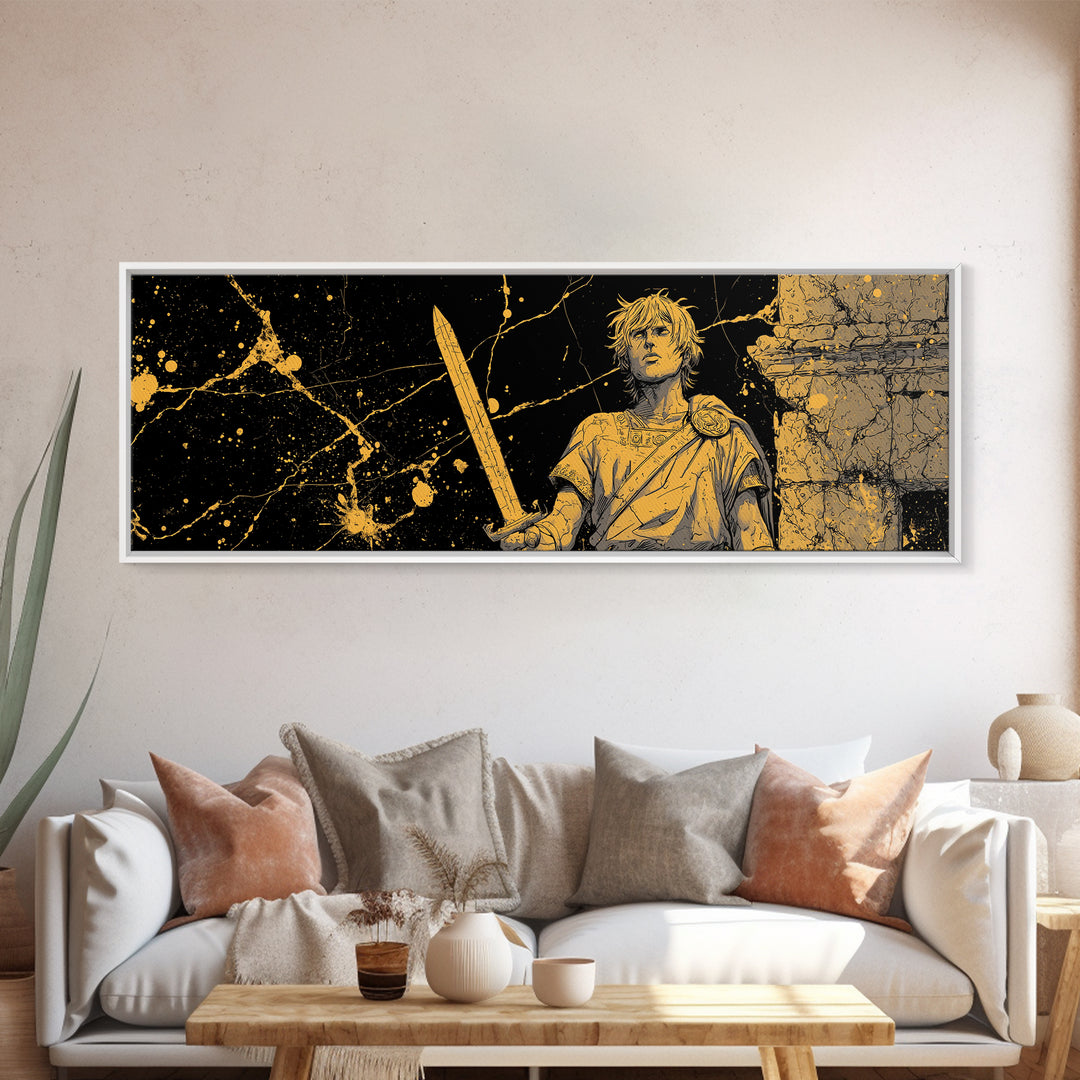 Heroic Young Greek Warrior Standing Tall, Classical Mythology Decorative Wall Art, Gold Canvas Print, Real Wood Frame