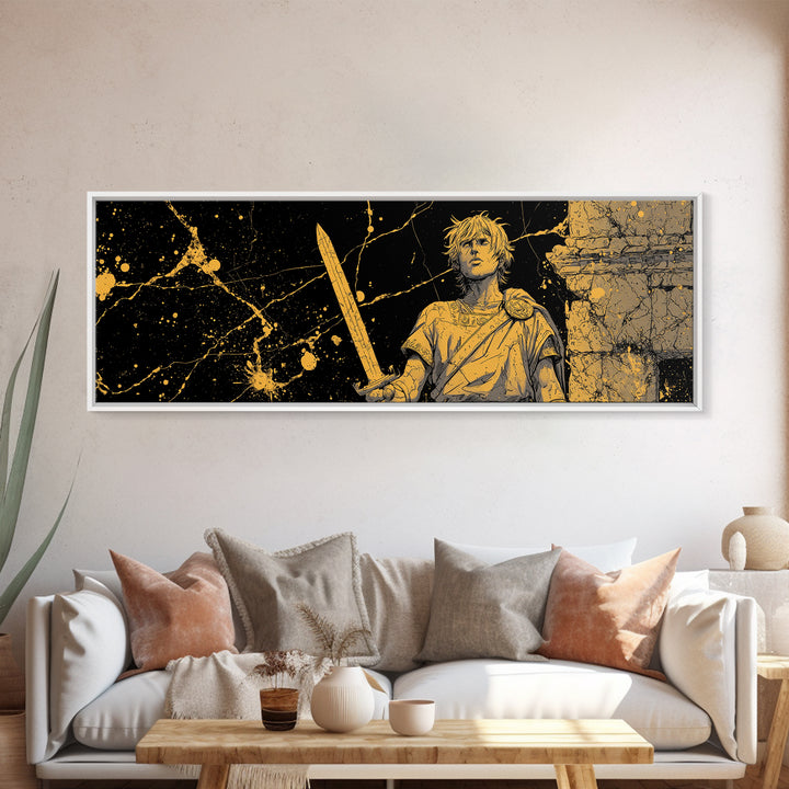 Heroic Young Greek Warrior Standing Tall, Classical Mythology Decorative Wall Art, Gold Canvas Print, Real Wood Frame