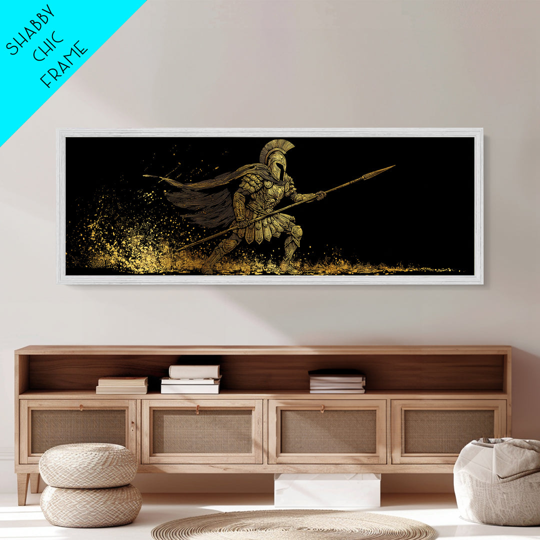 Spartan Warrior With Flowing Cape And Spear, Ancient Greek Mythology Decor, Metallic Gold Metal Print, Real Wood Frame