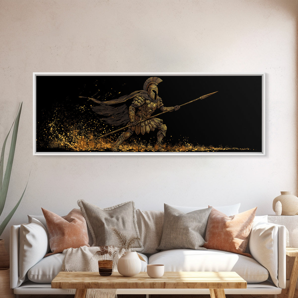 Spartan Warrior With Flowing Cape And Spear, Ancient Greek Mythology Decor, Gold Canvas Print, Real Wood Frame