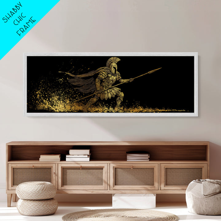 Spartan Warrior With Flowing Cape And Spear, Ancient Greek Mythology Decor, Metallic Gold Metal Print, Real Wood Frame