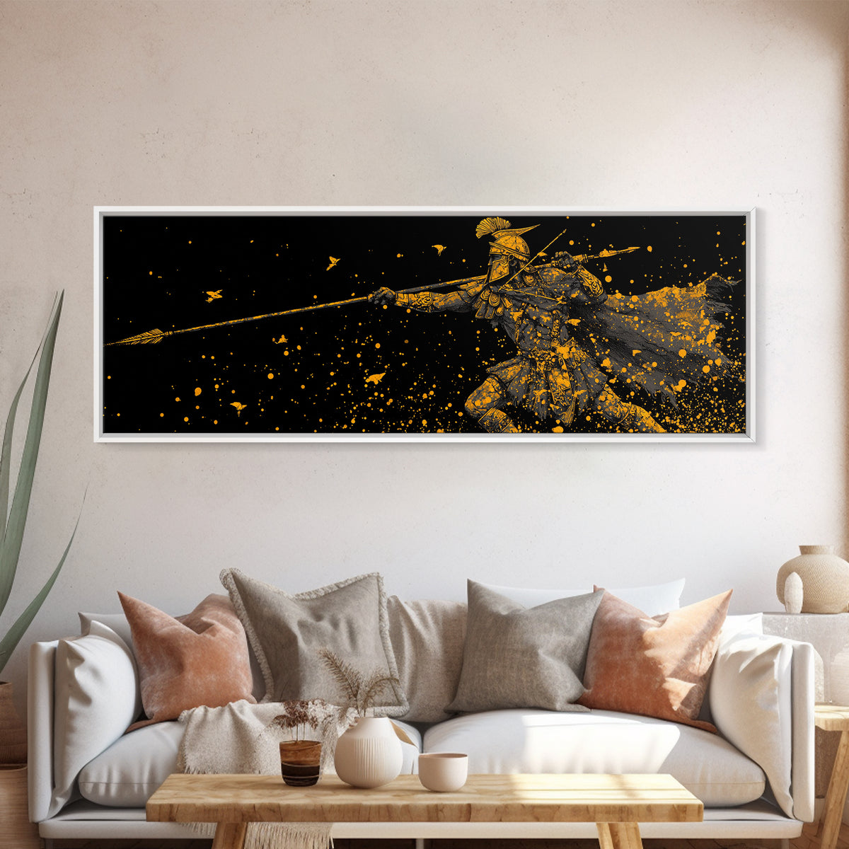 Greek Warrior Throwing Spear In Battle, Ancient Spartan Hero Wall Art, Gold Canvas Print, Real Wood Frame