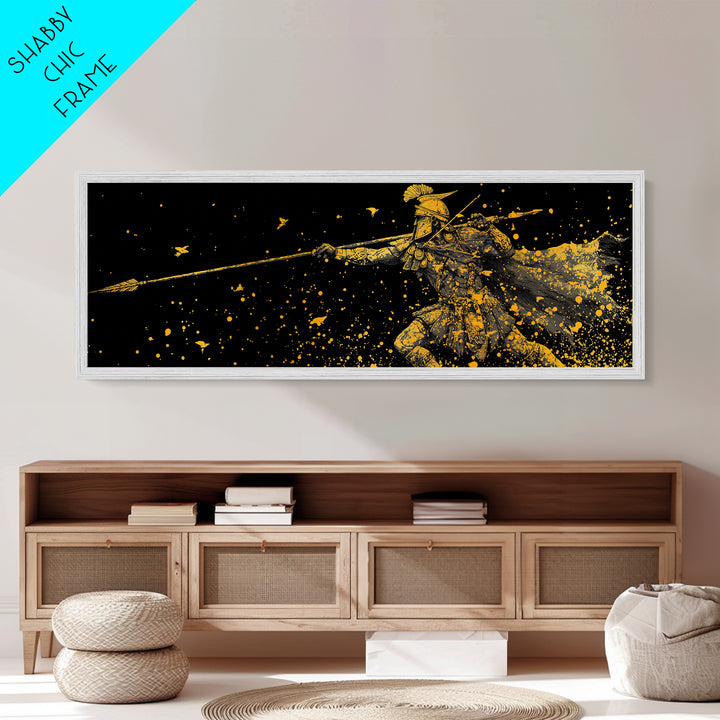 Greek Warrior Throwing Spear In Battle, Ancient Spartan Hero Wall Art, Metallic Gold Metal Print, Real Wood Frame