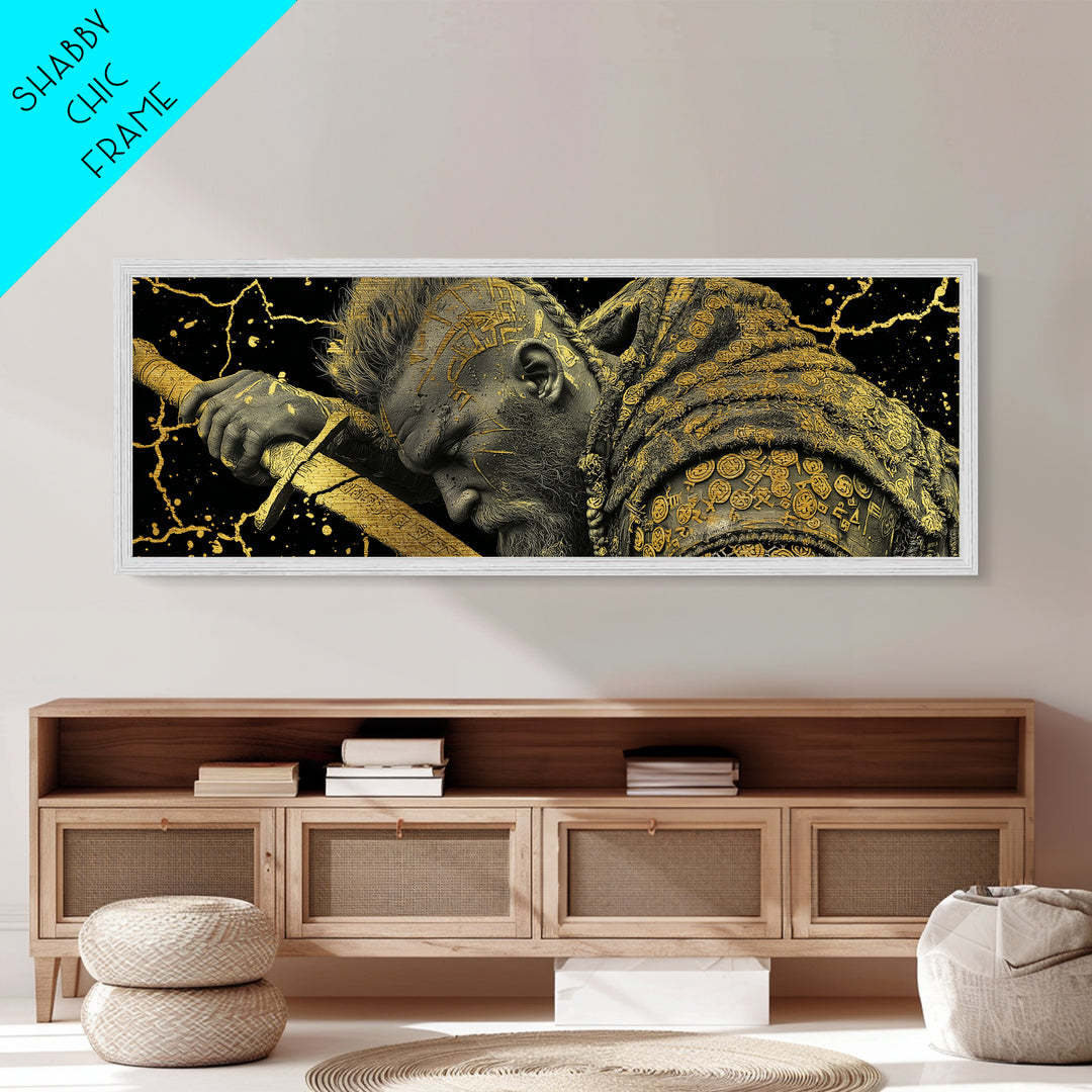 Viking Warrior With Sword And Runes, Mythological Hero Artwork, Metallic Gold Metal Print, Real Wood Frame