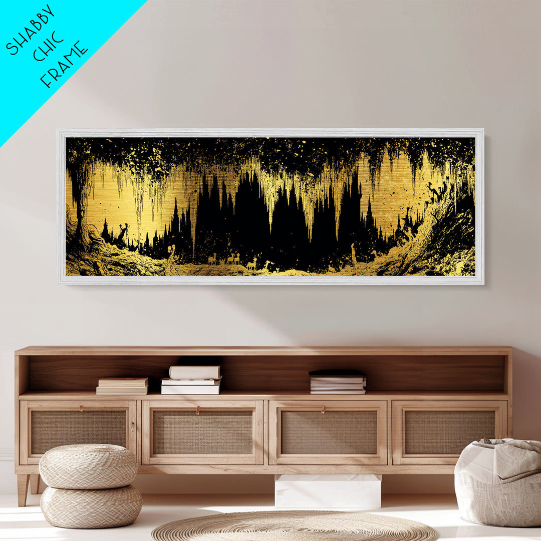 Golden Cave With Stalactites And Figures, Mythological Decorative Wall Art, Metallic Gold Metal Print, Real Wood Frame