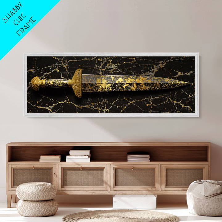 Ancient Greek Sword Engraved With Mythology, Decorative Heroic Weapon Artwork, Metallic Gold Metal Print, Real Wood Frame