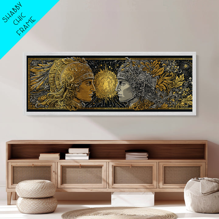 Warrior Gods Face To Face, Ancient Mythological Helmet Artwork, Metallic Gold Metal Print, Real Wood Frame Wall Art
