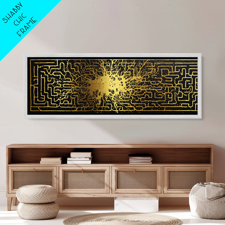 Intricate Labyrinth Pattern Artwork, Mythological Maze Wall Decor, Metallic Gold Metal Print, Real Wood Frame