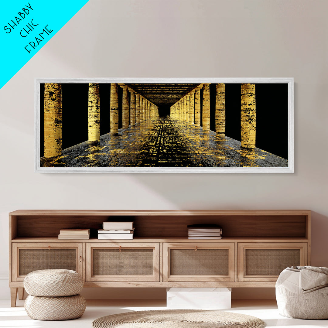 Endless Golden Pillars Corridor, Ancient Greek Architecture Metallic Gold Metal Print, Mythology Wall Art, Real Wood Frame