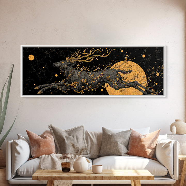 Mythical Stag Running Through Stars, Celestial Deer Artwork, Gold Canvas Print, Real Wood Frame Mythology Art