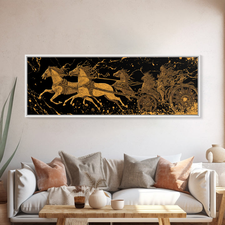 Ancient Chariot Battle Scene, Mythical Horses And Warrior Artwork, Gold Canvas Print, Real Wood Frame Wall Decor