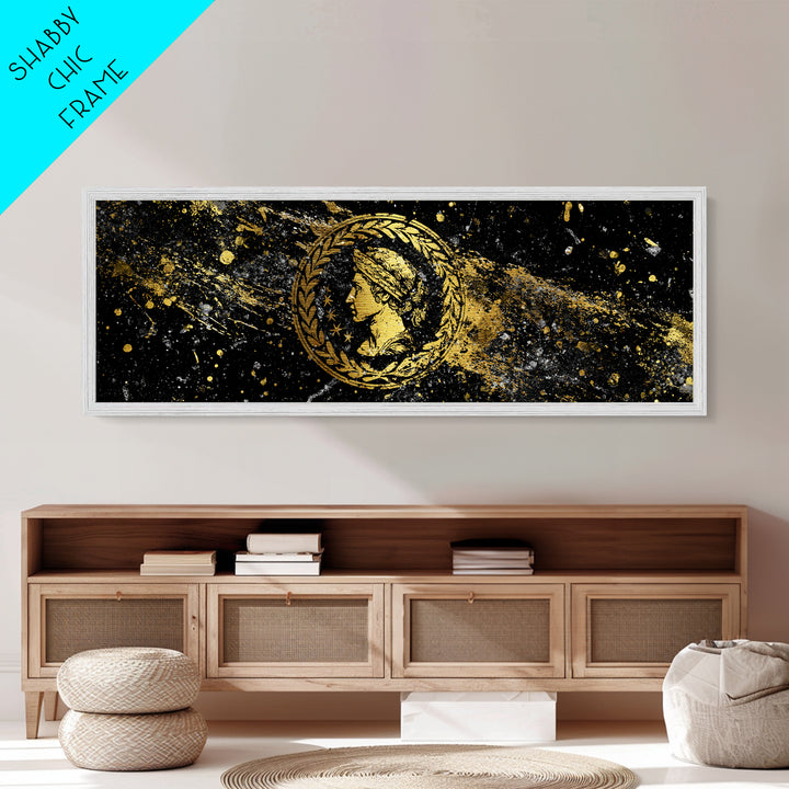 Roman Coin Inspired Portrait, Classical Ancient Empire Wall Artwork, Metallic Gold Metal Print, Real Wood Frame Art