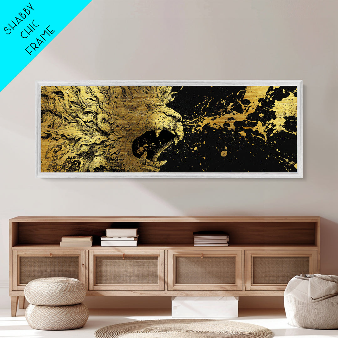 Roaring Lion Of Mythology, Fierce King Of Beasts Ancient Artwork, Metallic Gold Metal Print, Real Wood Frame Wall Decor