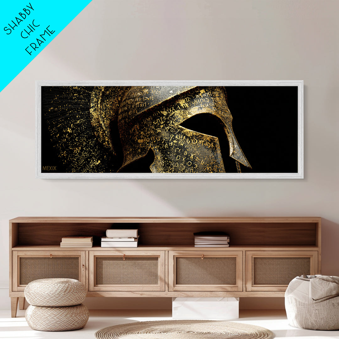 Spartan Helmet Close Up, Ancient Greek Warrior Armor Wall Decor, Metallic Gold Metal Print, Real Wood Frame