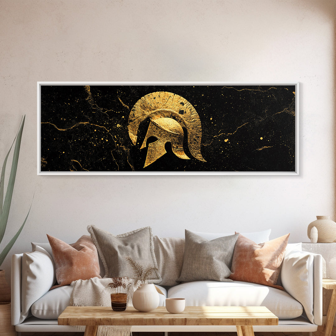 Greek Hoplite Helmet, Ancient Warrior Armor Symbol Wall Artwork, Gold Canvas Print, Real Wood Frame Wall Decor