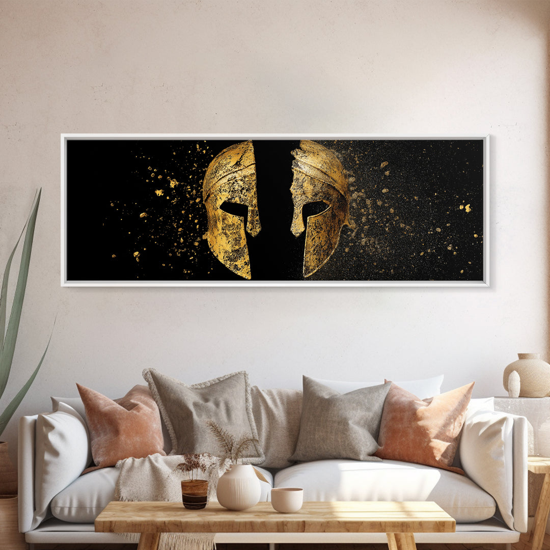 Ancient Spartan Helmet Split Design, Warrior Armor Mythology Artwork, Gold Canvas Print, Real Wood Frame Wall Decor