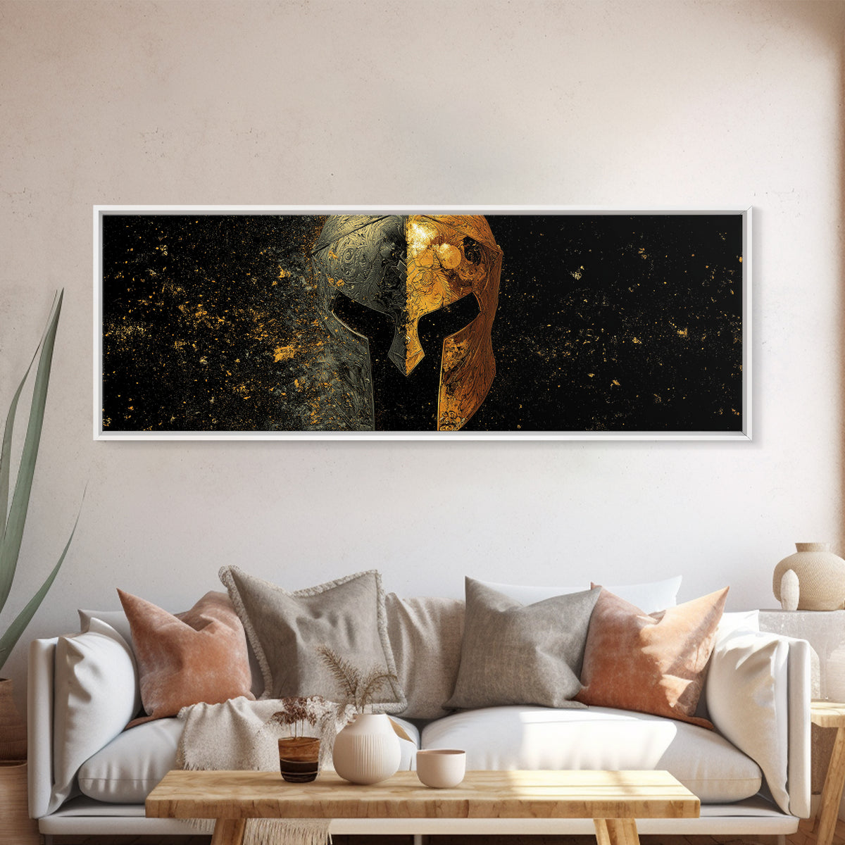 Half Face Spartan Helmet, Ornate Warrior Armor Greek Mythology Artwork, Gold Canvas Print, Real Wood Frame Wall Art