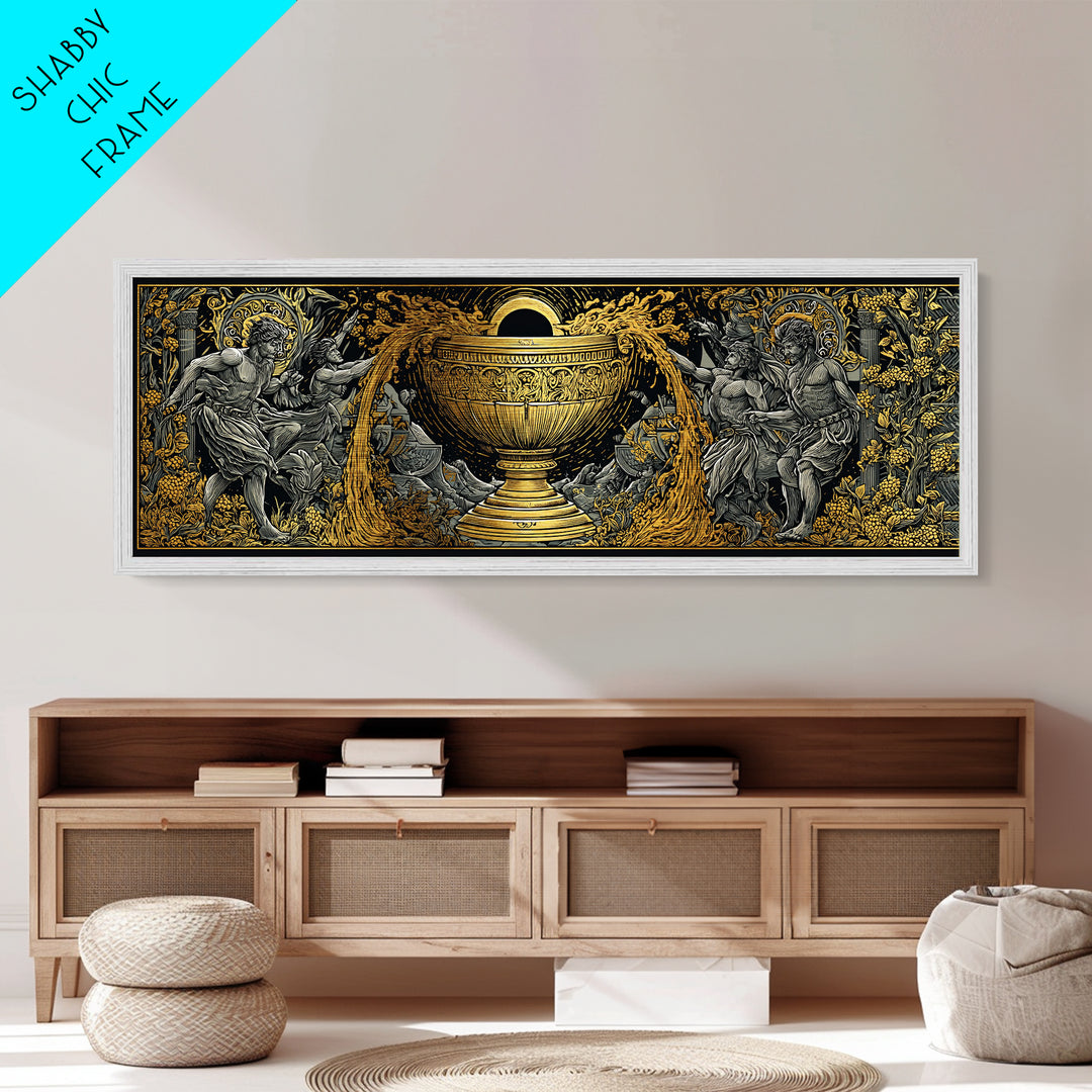 Ancient Chalice Of Gods, Mythological Cup With Figures And Flowing Design, Metallic Gold Metal Print, Real Wood Frame Artwork