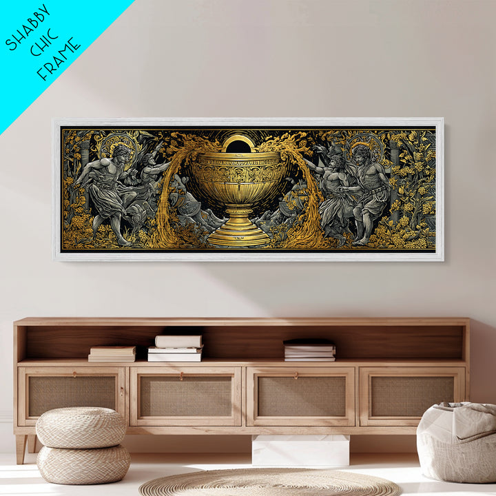 Ancient Chalice Of Gods, Mythological Cup With Figures And Flowing Design, Metallic Gold Metal Print, Real Wood Frame Artwork