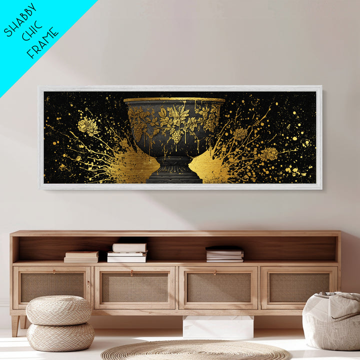 Grapevine Chalice Artwork, Classical Mythological Cup Decorative Wall Design, Metallic Gold Metal Print, Real Wood Frame Wall Art