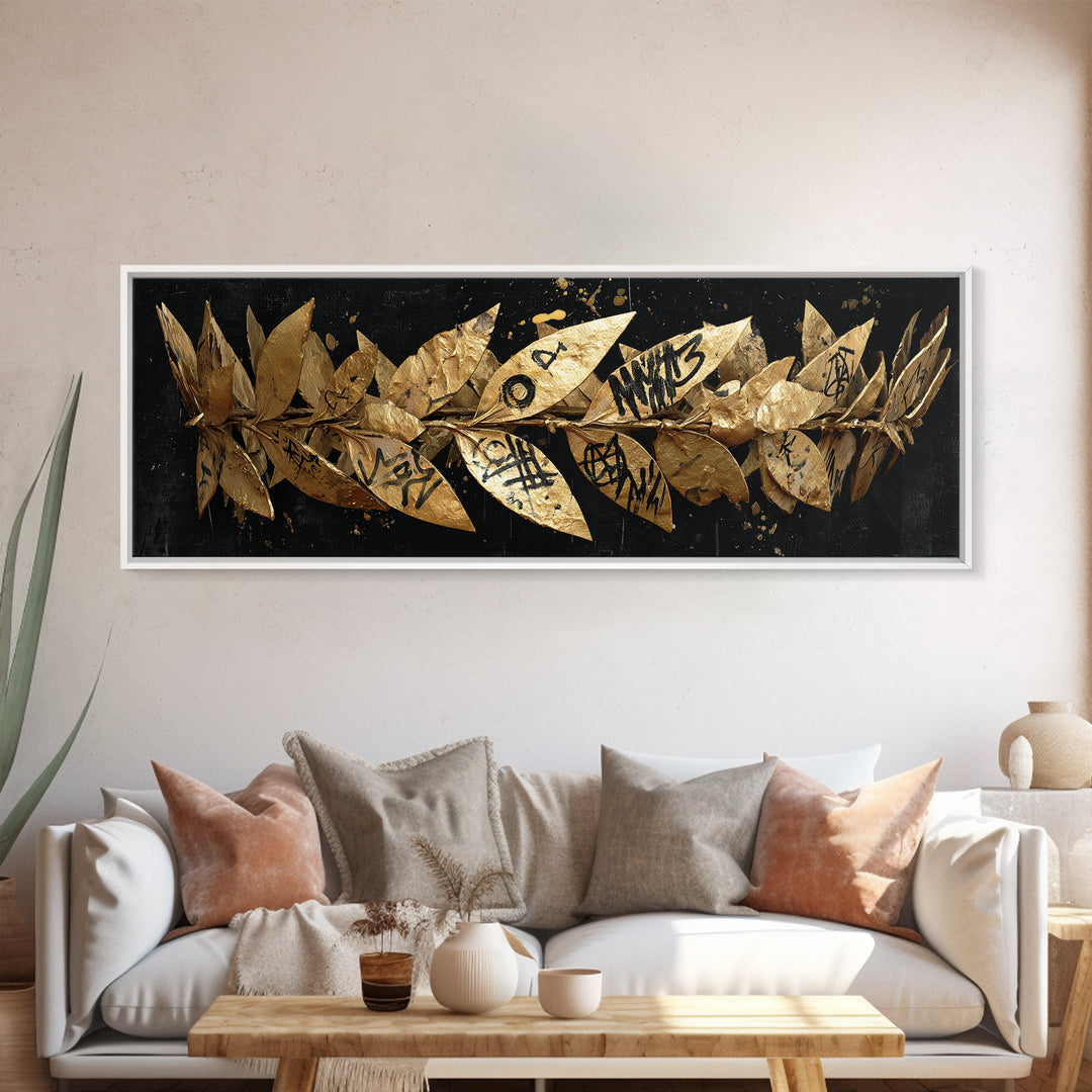 Laurel Wreath Crown, Ancient Greek Symbol Of Victory Decorative Wall Artwork, Gold Canvas Print, Real Wood Frame Decor