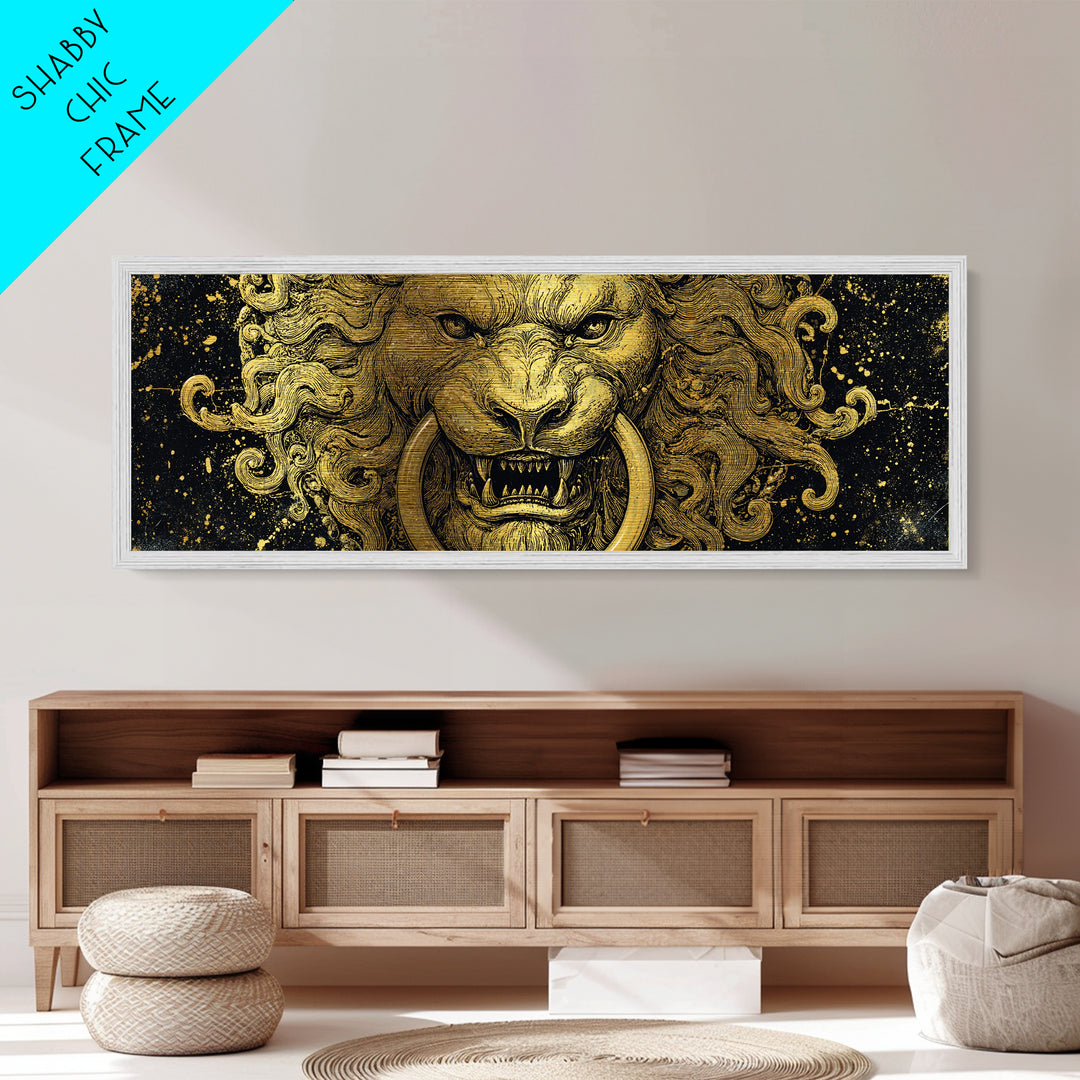 Roaring Lion Head, Fierce Mythological Beast Symbol Of Power Wall Artwork, Metallic Gold Metal Print, Real Wood Frame Wall Decor