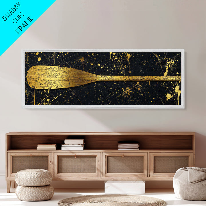 Ancient Oar Artwork, Mythological Paddle With Script Decorative Wall Design, Metallic Gold Metal Print, Real Wood Frame Wall Art