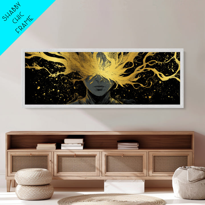 Blinded Mythological Figure, Flowing Fire Vision Symbolic Wall Artwork, Metallic Gold Metal Print, Real Wood Frame Wall Decor