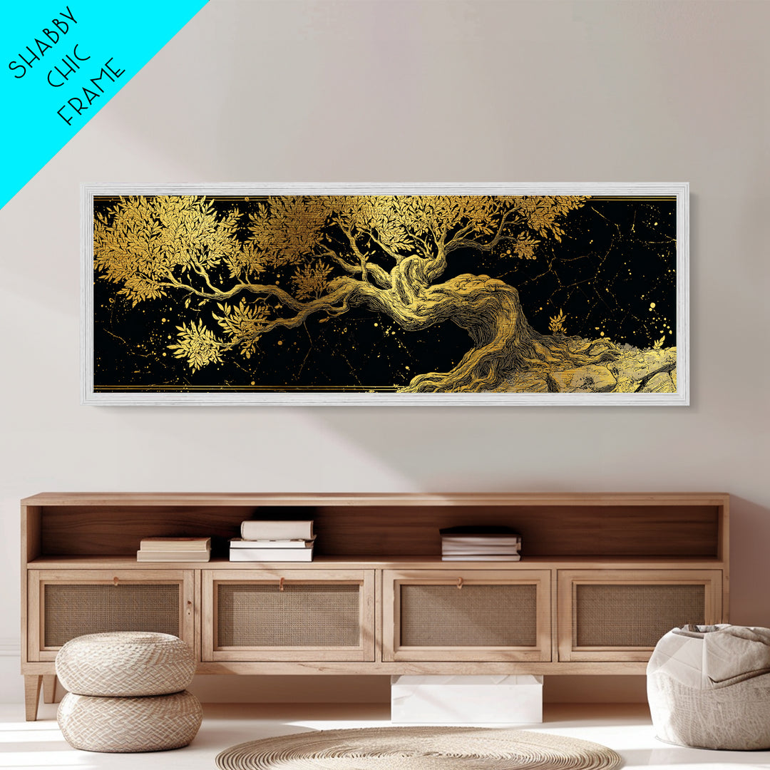 Ancient Olive Tree Artwork, Mythological Symbol Of Peace Decorative Wall Design, Metallic Gold Metal Print, Real Wood Frame Art