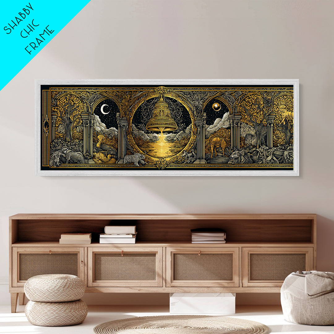 Mythological Temple Scene With Golden Bell, Classical Arches And Night Sky Artwork, Metallic Gold Metal Print, Real Wood Frame