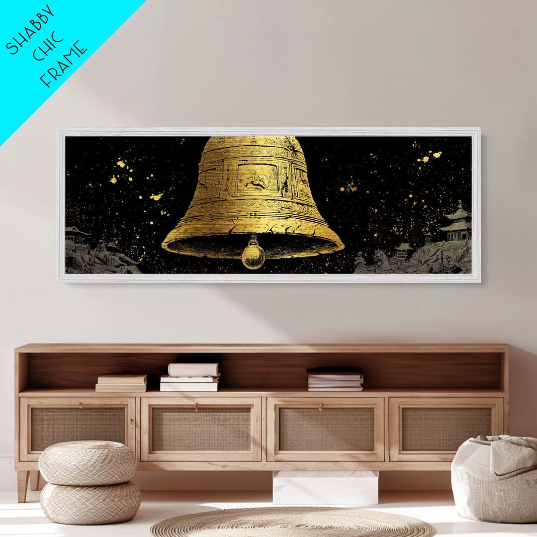 Ancient Golden Bell Artwork, Mythological Temple Scene Decorative Wall Art, Metallic Gold Metal Print, Real Wood Frame Decor