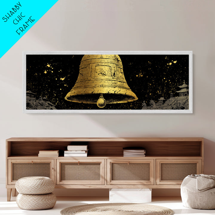 Ancient Golden Bell Artwork, Mythological Temple Scene Decorative Wall Art, Metallic Gold Metal Print, Real Wood Frame Decor