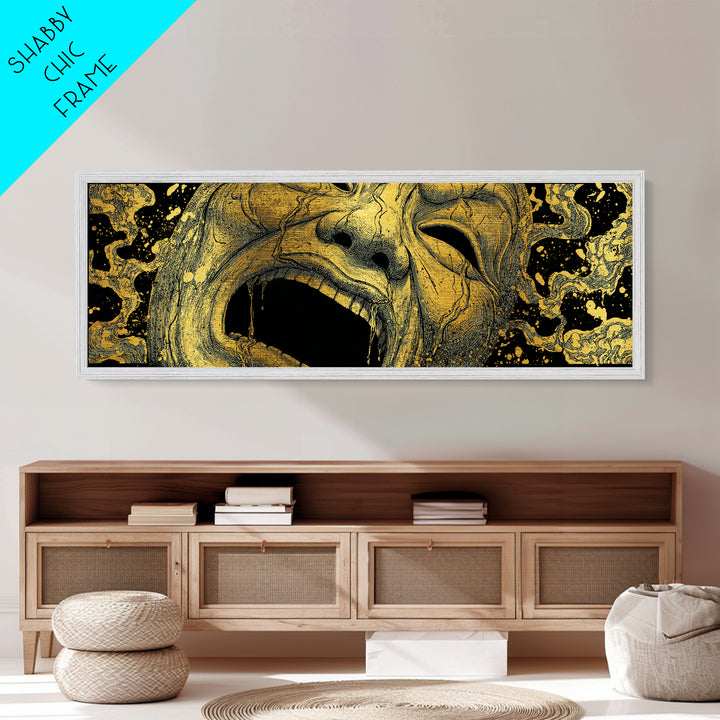 Screaming Tragedy Mask, Ancient Greek Mythological Theater Artwork, Metallic Gold Metal Print, Real Wood Frame Wall Decor