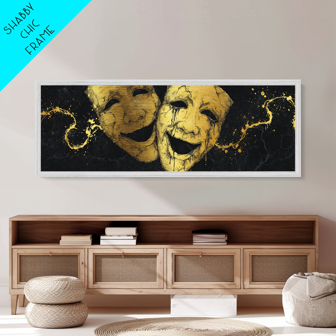 Comedy And Tragedy Masks, Ancient Greek Theater Symbolic Mythological Artwork, Metallic Gold Metal Print, Real Wood Frame Wall Art
