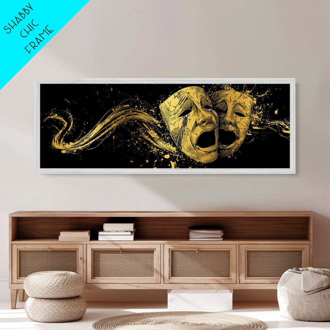 Paired Tragic Masks, Mythological Theater Symbol Decorative Wall Artwork, Metallic Gold Metal Print, Real Wood Frame Wall Decor