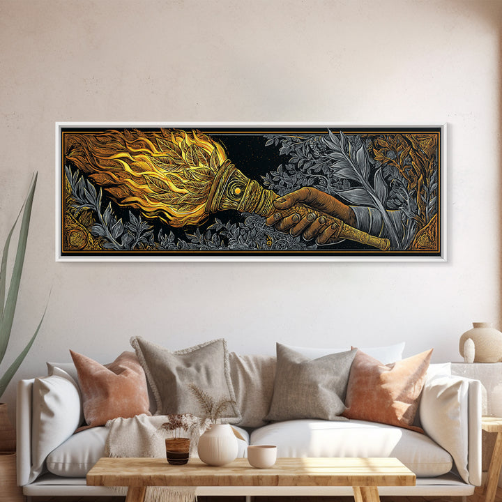 Ancient Torch Of Flames, Mythological Fire Symbol Decorative Wall Artwork, Gold Canvas Print, Real Wood Frame Wall Decor