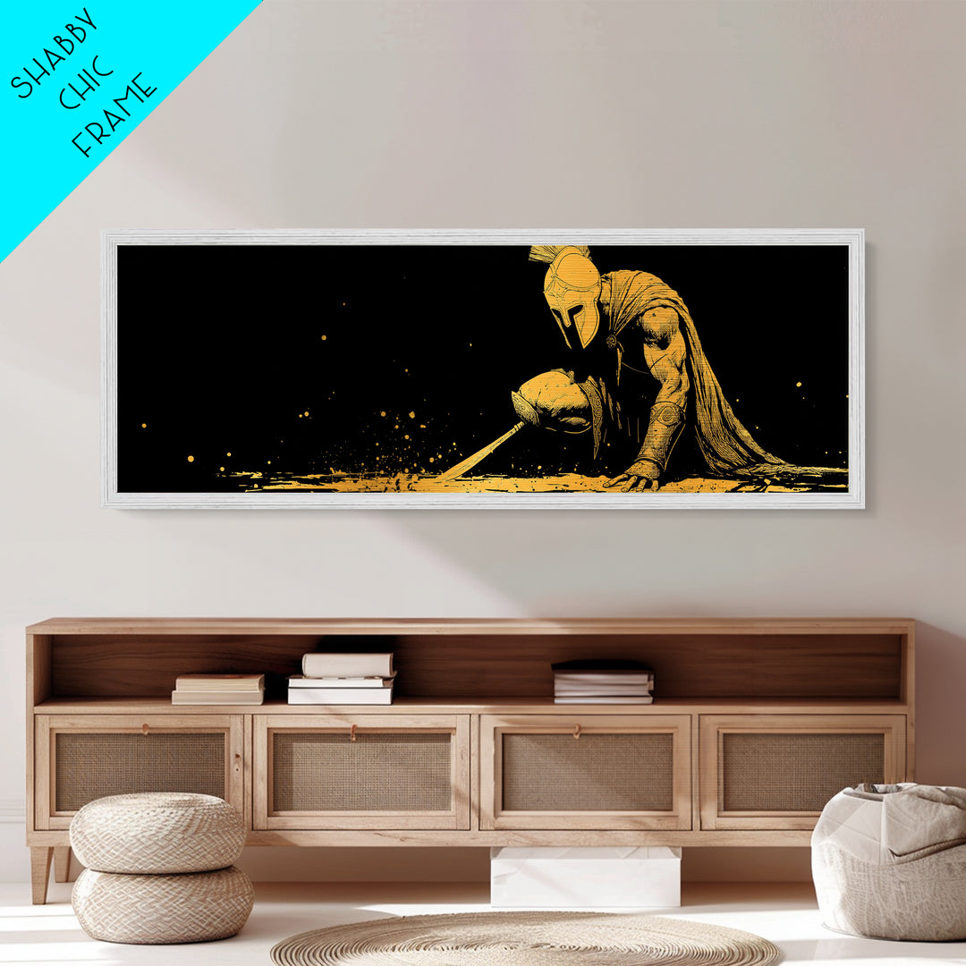 Greek Warrior Kneeling, Ancient Mythological Spartan Soldier With Spear Artwork, Metallic Gold Metal Print, Real Wood Frame Decor