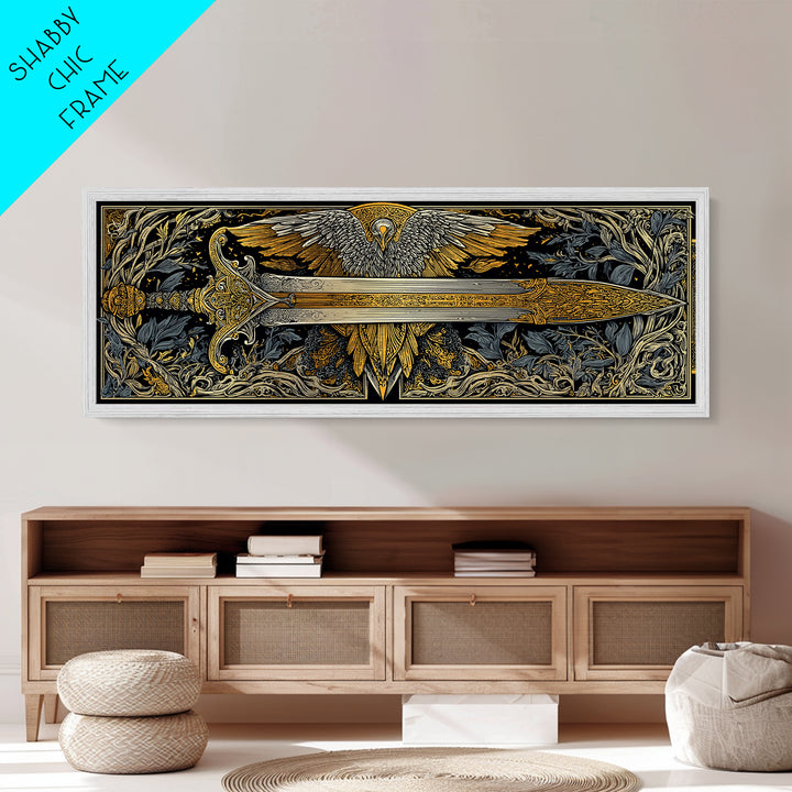 Sword With Wings, Mythological Weapon And Guardian Bird Decorative Wall Artwork, Metallic Gold Metal Print, Real Wood Frame Art