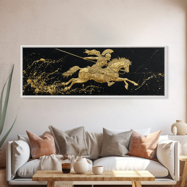 Spartan Warrior On Horse, Ancient Greek Mythological Rider With Spear Artwork, Gold Canvas Print, Real Wood Frame Wall Decor
