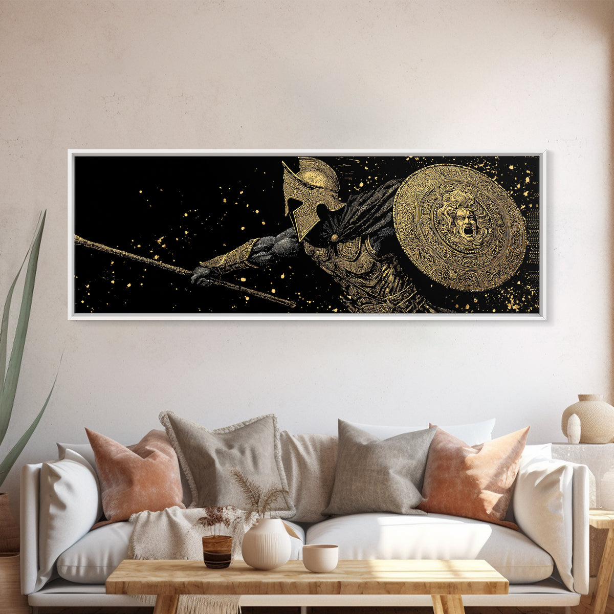 Heroic Warrior With Shield, Ancient Greek Spartan Mythological Battle Artwork, Gold Canvas Print, Real Wood Frame Wall Decor