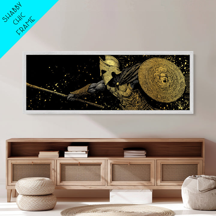 Heroic Warrior With Shield, Ancient Greek Spartan Mythological Battle Artwork, Metallic Gold Metal Print, Real Wood Frame Wall Decor