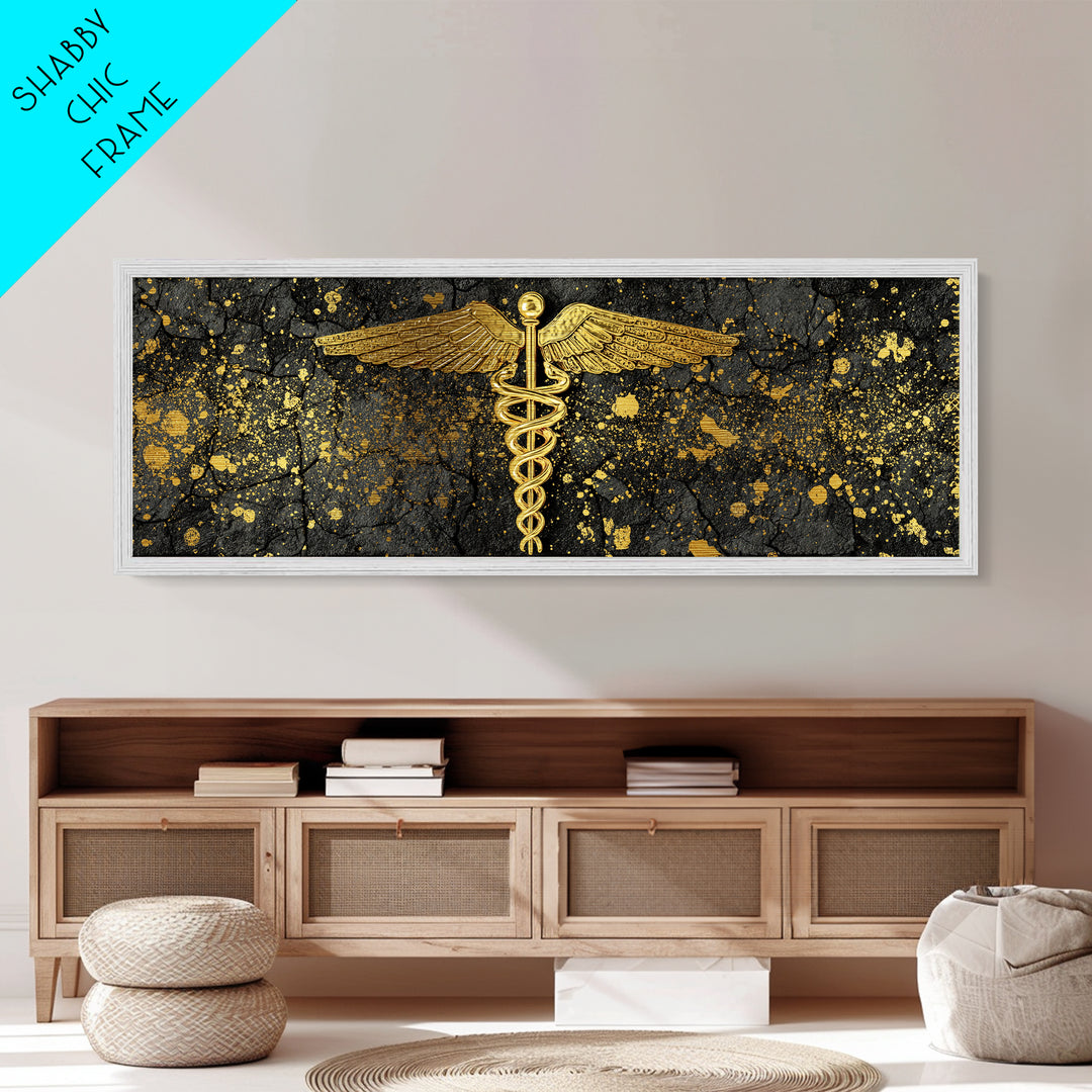 Caduceus Symbol Artwork, Ancient Mythological Medicine Emblem Decorative Wall Art, Metallic Gold Metal Print, Real Wood Frame