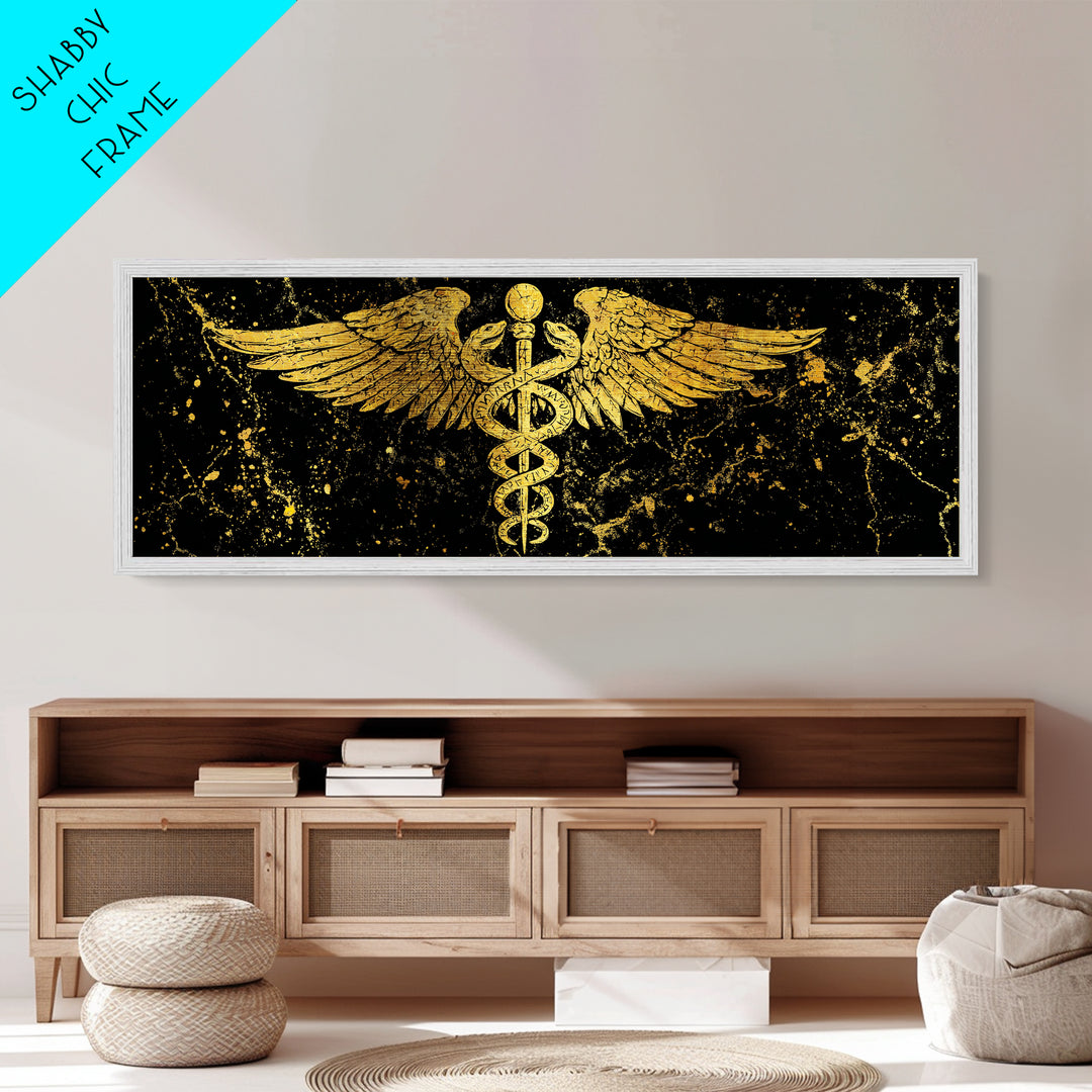 Ancient Caduceus Symbol, Winged Serpent Staff Mythological Artwork, Metallic Gold Metal Print, Real Wood Frame Wall Decor