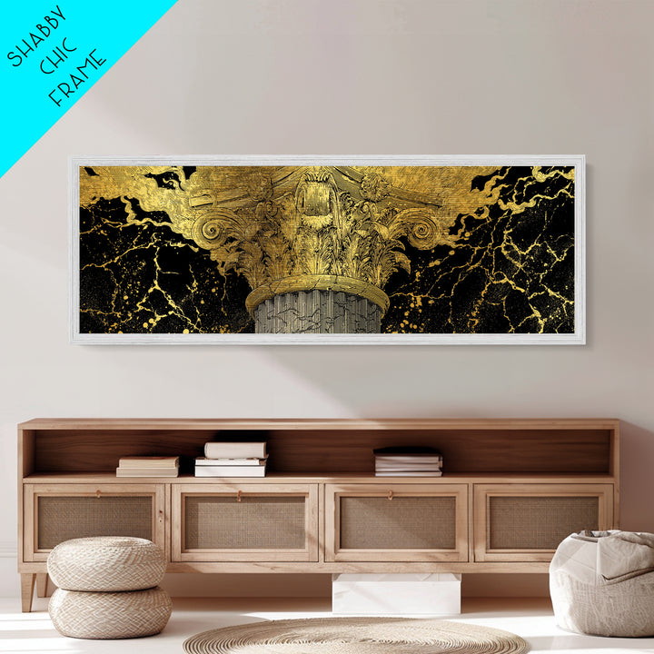 Classical Corinthian Column, Ancient Pillar Decorative Architectural Artwork, Metallic Gold Metal Print, Real Wood Frame Wall Art