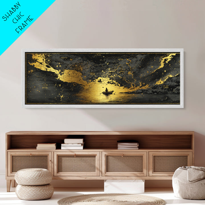 Celestial Map Artwork, Mythological Constellation And Ancient Sky Design, Metallic Gold Metal Print, Real Wood Frame Wall Decor