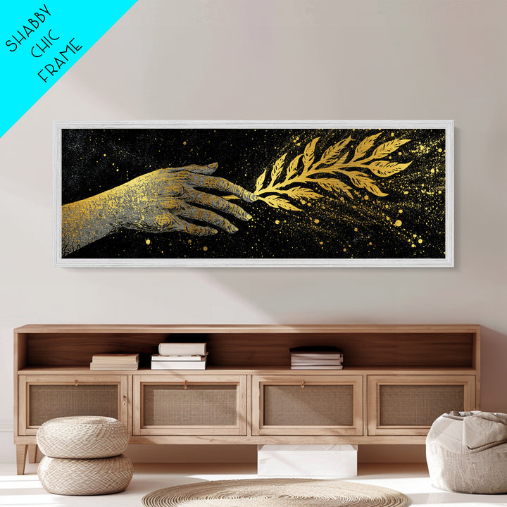 Hand With Olive Branch, Mythological Symbol Of Peace Decorative Wall Artwork, Metallic Gold Metal Print, Real Wood Frame Wall Art